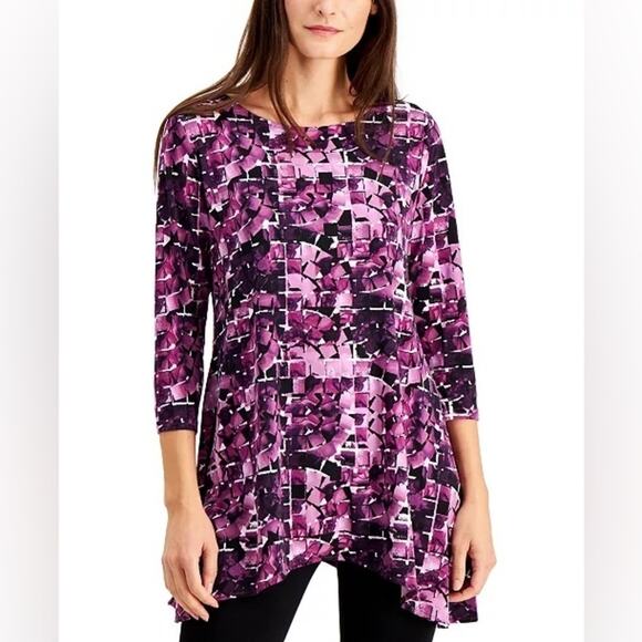 ALFANI | Purple Geometric Print Asymmetrical Hem Knit Tunic Top | Size Small - Picture 1 of 9